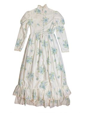 Vintage Prairie Dress White Blue Floral Puff Sleeve Lace Trim Maxi XS
